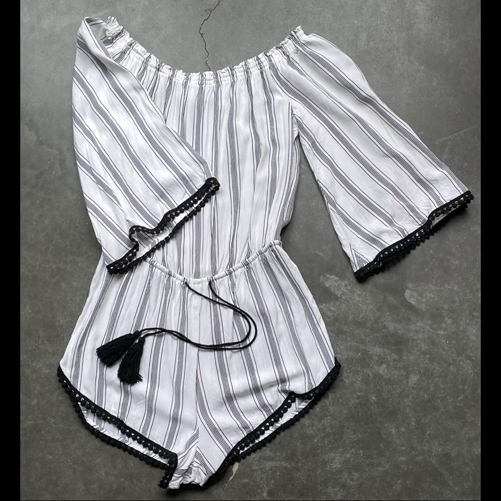 Lightweight off the shoulder striped romper